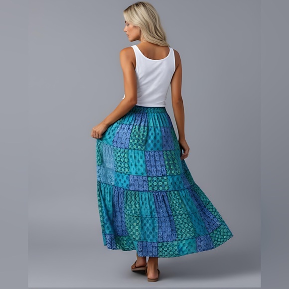 Boho Patchwork Print Maxi Skirt Blue - Picture 4 of 10